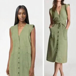 NEW Reiss Emma Midi Dress Olive Green Linen Blend Breathable Neutral Lightweight